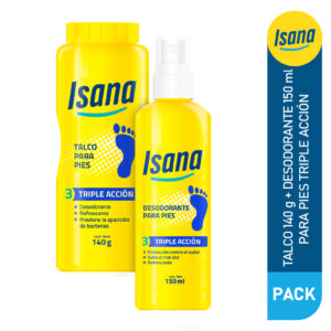 talco + desodorante spray para pies isana frasco 140g+150ml pack 2 un
