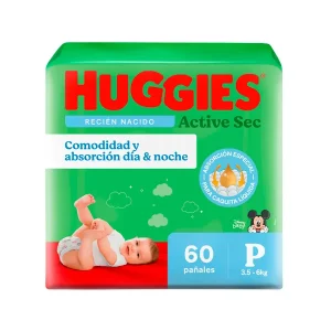 pañal huggies active sec primeros días talla p bolsa 60 un