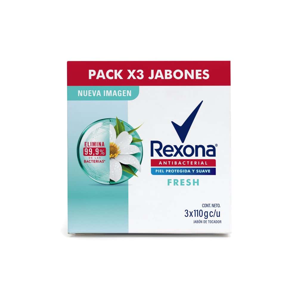 jabón en barra rexona antibacterial fresh 110g paquete 3un