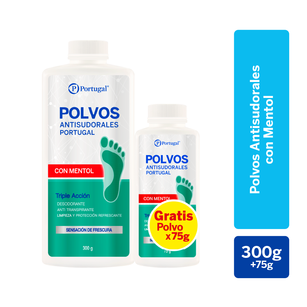 pack polvos antisudorales portugal con mentol frasco 300g + 75g