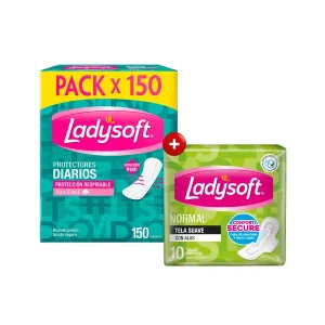 pack ladysoft toallas higiénicas normal + protectores diarios clasico x 150 un