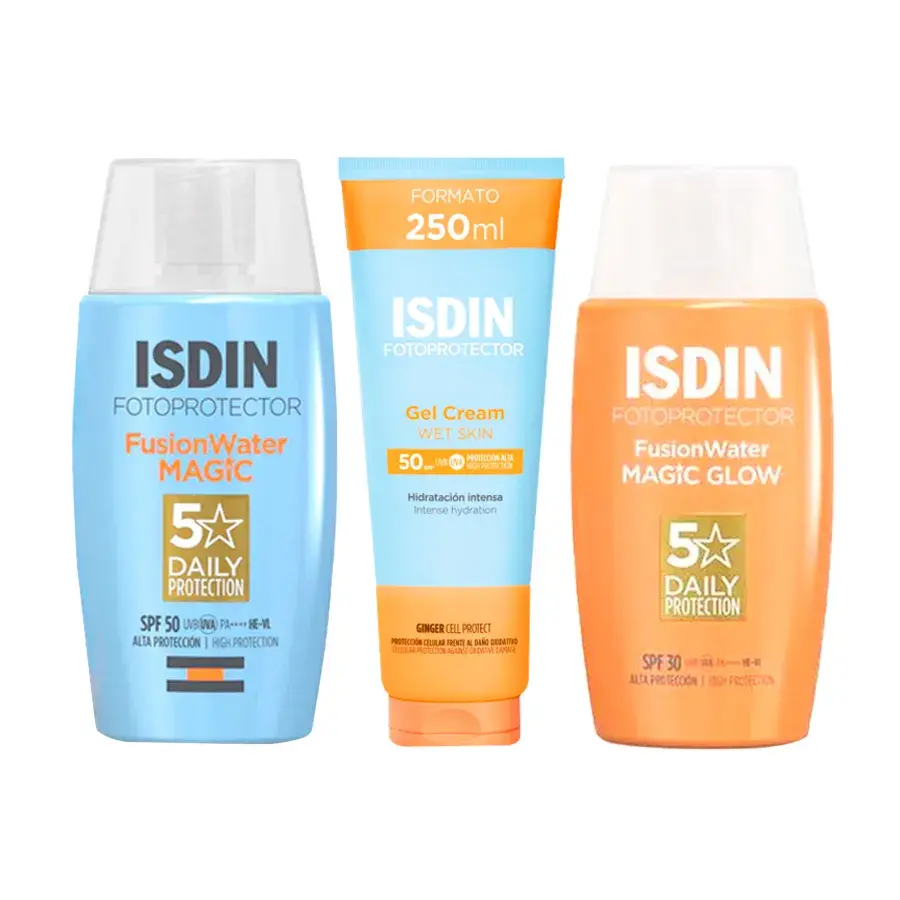 Pack Fotoprotector ISDIN: Fusion Water Magic SPF50 + Fusion Water Glow SPF30 + Gel Cream SPF50